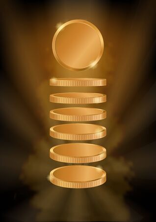 Vertical dark background with realistic golden coins. Stock vector illustrationのイラスト素材