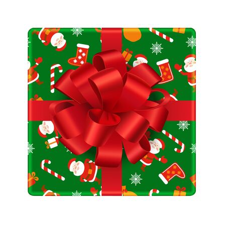Square gift box with green Christmas wrapping paper and big bright red bow. Top view. Stock vector illustration.のイラスト素材