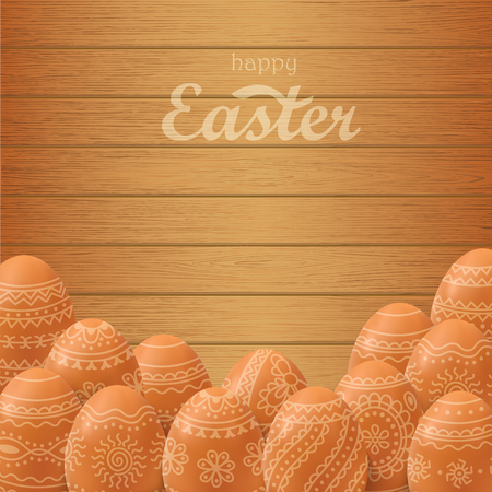 Square wooden background with Easter eggs decorated with ethnic ornament. Vector illustration.のイラスト素材