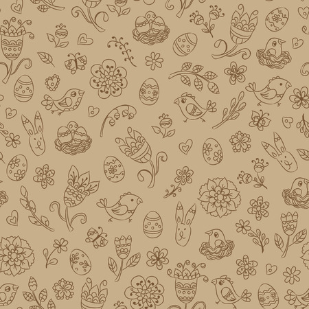 Easter seamless pattern with hand drawn line doodles in beige colors. Vector illustration.のイラスト素材
