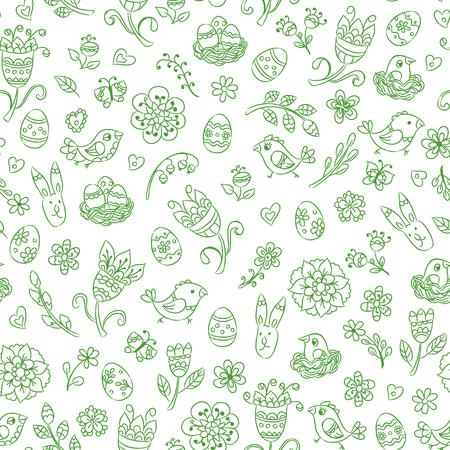 Easter seamless pattern with hand drawn green line doodles in white background. Vector illustration.のイラスト素材