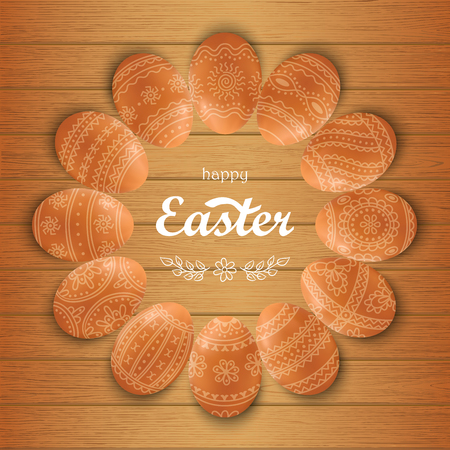 Wooden square background with beige decorated Easter eggs laying by a circle  and lettering Happy Easter in the centre of composition. Vector illustration.のイラスト素材