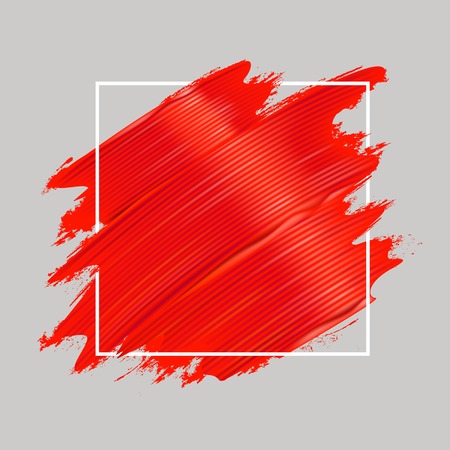 Red oil paint brushstrokes and square frame. Realistic painting texture. Abstract background. Vector illustration.のイラスト素材