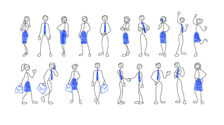Collection of stick figures of businesspeople in different poses and situation. Doodle style men and women. Vector illustration setのイラスト素材
