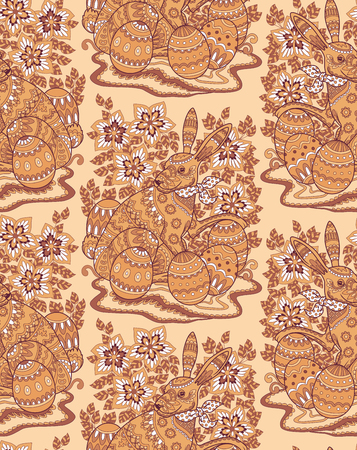 Seamless pattern with decorative Easter bunny and flowers. Folk ornament in light brown and beige colors. Vector illustration.のイラスト素材