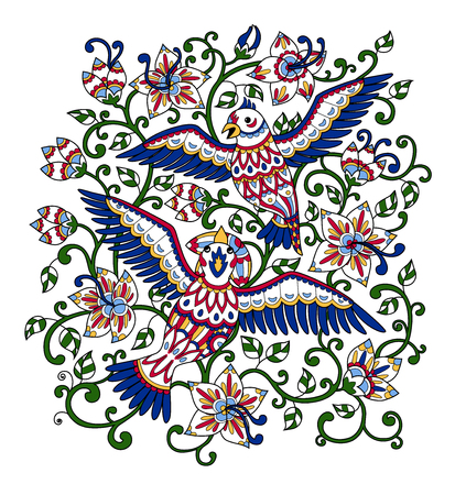 Decorative composition with ornamental birds and flowers. Folk pattern in bright red, green, blue and yellow colors on the white background. Vector illustration.のイラスト素材