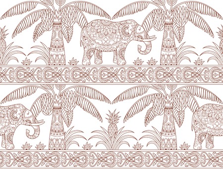 Seamless pattern with elephant, palm trees and pineapples in ethnic style. Outline folk tradition decorative ornament. Vector illustration.のイラスト素材