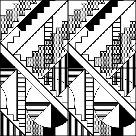 Black and white abstract seamless geometric pattern with diagonal stripes and stairs. Modular painting with four panels. Background in the abstractionism style. Vector illustration.のイラスト素材