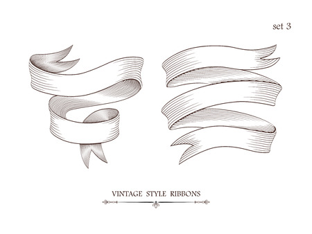 Set of vintage two-stripe and three-stripe ribbons. Engraving style vector illustration. Retro hand drawn labels, banners and logo elements.のイラスト素材
