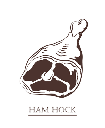 Ham hock. Pork knuckle isolated on white background. Meat on the bone. Black and white hand drawn vector illustration. Icon, emblem, logo element.のイラスト素材