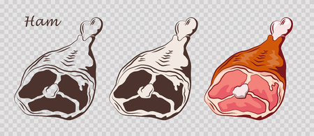 Ham hock. Pork knuckle isolated on the pseudo transparent background. Meat on the bone. Set of outline, black and white, colored images. Vector illustration. Icon, emblem, logo element.のイラスト素材