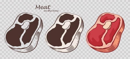 Meat chunk on the bone. Steak isolated on the pseudo transparent background. Slice of pork. Set of outline, black and white, colored images. Vector illustration. Icon, emblem, logo element.のイラスト素材
