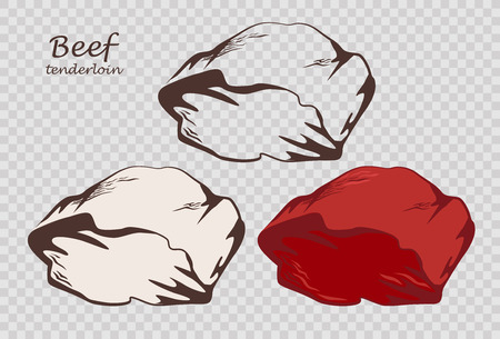 Beef tenderloin. Piece of meat. Set of outline, black and white, colored images on the pseudo transparent background. Vector illustration. Icon, emblem, logo element.のイラスト素材