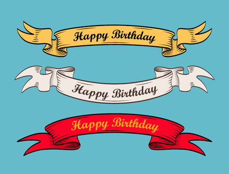 Set of vintage ribbons with inscription Happy Birthday. Retro greeting banners. Vector illustration.のイラスト素材