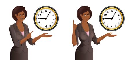 African woman point to clock. Smiling cute businesswoman. Concept of the time limit, term, deadline. Isolated vector illustration.のイラスト素材