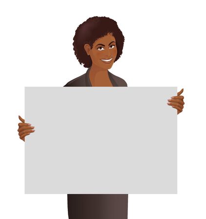 African woman holds empty white placard. Smiling cute girl demonstrates blank board for your text. Isolated vector illustration.のイラスト素材