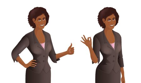Set of two African women wearing business suit. One woman shows thumb up signal, another one demonstrates Ok gesture. Vector illustration isolated on the white background.のイラスト素材