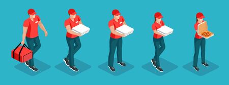 Set of isometric pizza delivery men and women face forward. Couriers go or stand with a pizza box in their hands. Isometric vector illustration.のイラスト素材