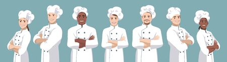 Set of chefs. European and african smiling men and women stand half turned and facing camera, have crossed arms and wearing chef uniform and hat. Vector illustrationのイラスト素材