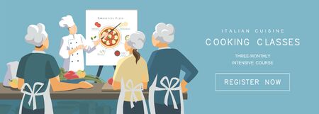 Cooking classes concept in flat style. Italian cuisine training courses. Chef demonstrates the principle of pizza cooking to students. Vector illustrationのイラスト素材