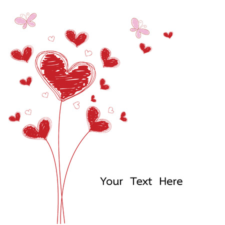 grunge and doodle red heart flower with pink butterfly isolated vectorのイラスト素材