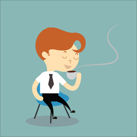 businessman sit on chair and drink coffee with happy feel vectorのイラスト素材