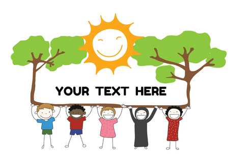 children diversity holding label with tree and sun smile for your text vectorのイラスト素材