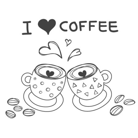 two coffee cups with heart word I love coffee and coffee bean  for wall sticker or decorateのイラスト素材