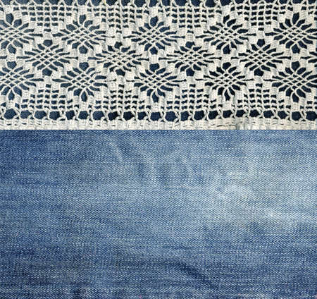 Jeans and lace. Background with denim and handmade lace. Vintage background with lace and denim fabric.の写真素材