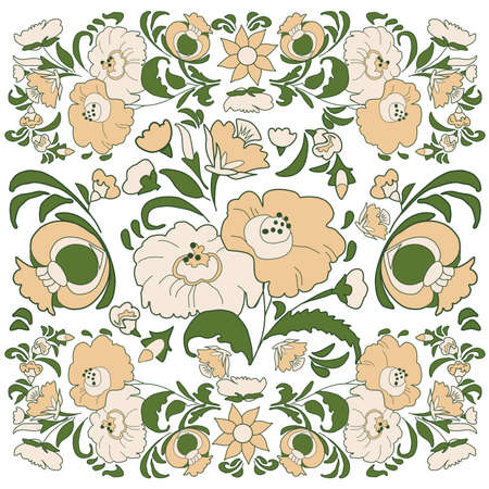 Floral background with painted flowers in folk style, Russian, Gypsy, Hungarian folkart Beige and green colorのイラスト素材