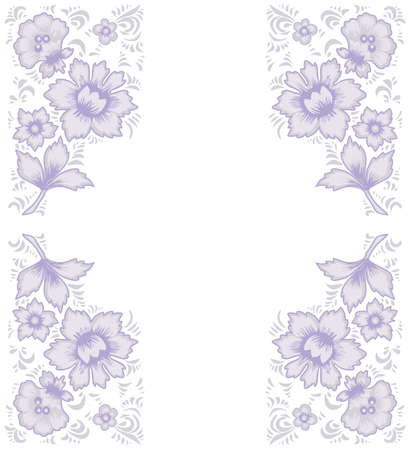 Card exotic flowers.Fabulous floral pattern. Russian folk art Khokhloma. Original wedding invitation. Ethnic background. Different shades of lilac and lavender colorsのイラスト素材