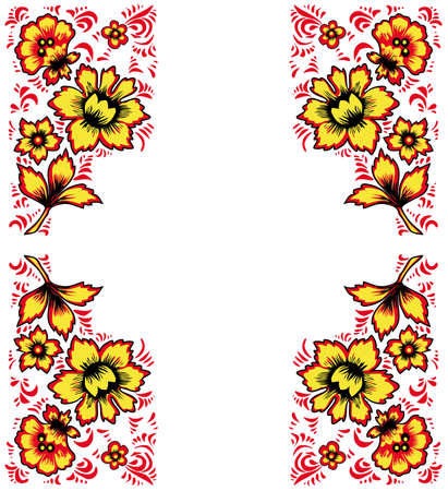 Card exotic flowers.Fabulous floral pattern. Russian folk art Khokhloma. Original wedding invitation. Ethnic background. Different shades of red and yellow colorsのイラスト素材