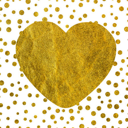 A large golden heart on the background of small gold dots of different size with copy space The Theme of love and Valentines Day Idea for greeting cardの写真素材