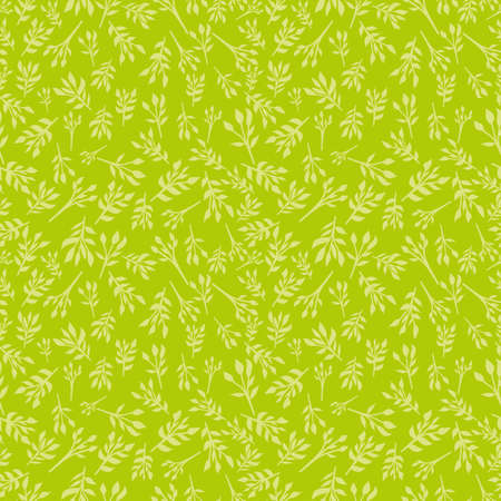 Floral seamless background with small leaves, twigs of plants. Simple pattern. Green color.のイラスト素材