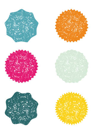 Starburst icon. Sunburst badges. Vector illustration with grunge effect with irregular dots, scratches, lines. Simple flat style. Set of 6 different types and color. Geometric label.のイラスト素材