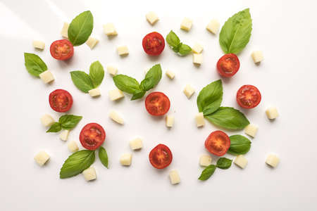 Tomatoes, cheese, Basil on a white background. Ingredients for pizza. Cute simple background, backdrop products of small size. Top view. Close-up. Stock photo Cooking concept.の写真素材