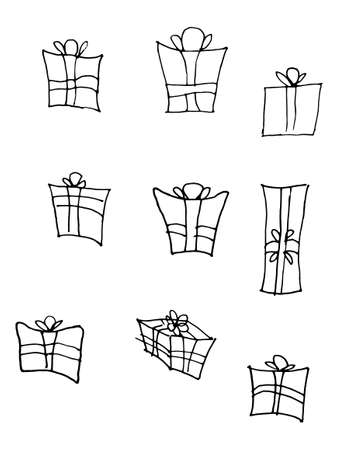 Doodle gift wrapping. Design element to create a festive, Christmas layouts. Vector illustration. Set, collection of black and white hand draw pictures. Line art, outlineのイラスト素材