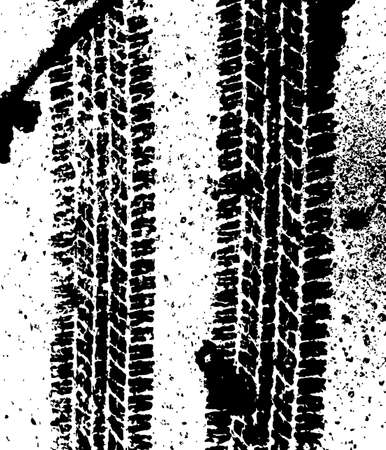Pattern wet car wheels on the asphalt. Tire track and ink blots Road theme. Vector illustration. Urban design. Black and white grunge textureのイラスト素材