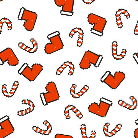 Seamless pattern with red socks for gifts and a striped red-and-white Lollipop. Christmas, new year background, Vector illustration Pixel artのイラスト素材