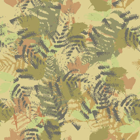 Seamless vector pattern with fern and autumn leaves. Background in a camouflage style print on floral ornament backdrop.のイラスト素材