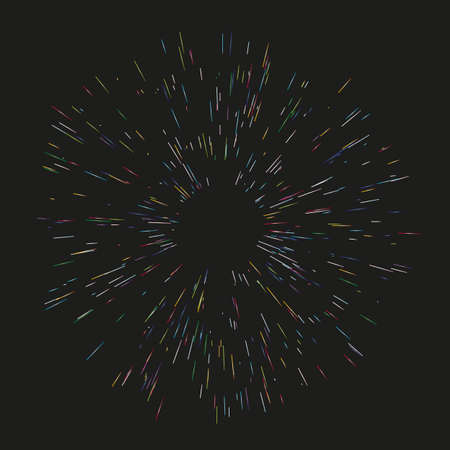 Colorful fireworks radiating from the center of thin beams, lines. Vector illustration. Dynamic...
