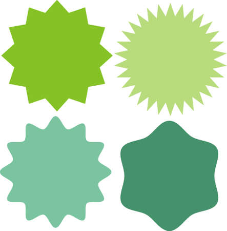 Set of vector starburst, sunburst badges. 4 different color. Simple flat style Vintage labels. Design elements. Colored stickers. A collection of different types and colors icon.のイラスト素材