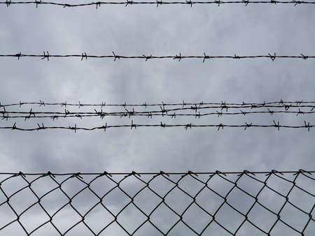 Barbed wire and mesh fence against the sky.の写真素材