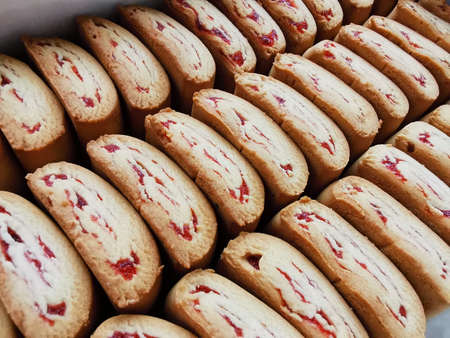 Sweets and desserts, cookies with jam. Sale of cookies. Close-up photography. Homemade food. Tasty food background. Sweet dessert. Delicious cake. Tasty snack. Colorful pastry. の写真素材
