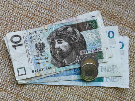 Polish Zloty. Official Currency of Poland in Denominations. Zlotych Macro Shot. Bank of Poland, Narodowy Bank Polski.の写真素材