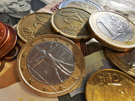 Euro coins and Euro cents. Paper notes of Euro, dollar and Russian rubles. Exchange rate. Buy...