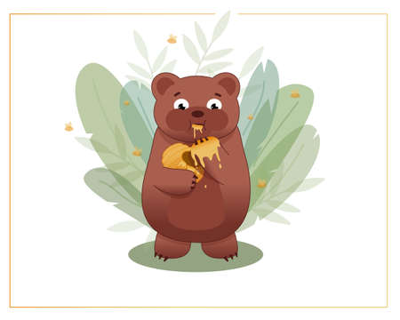 Bear eats honey with its paw vector animalのイラスト素材