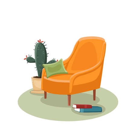Orange armchair with pillow and books cactus interior vectorのイラスト素材