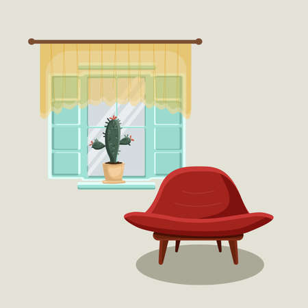 The interior of the apartment is a fashionable chair window curtain and cactusのイラスト素材