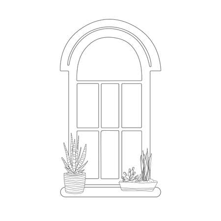 Two potted cacti on the window black and white iconのイラスト素材